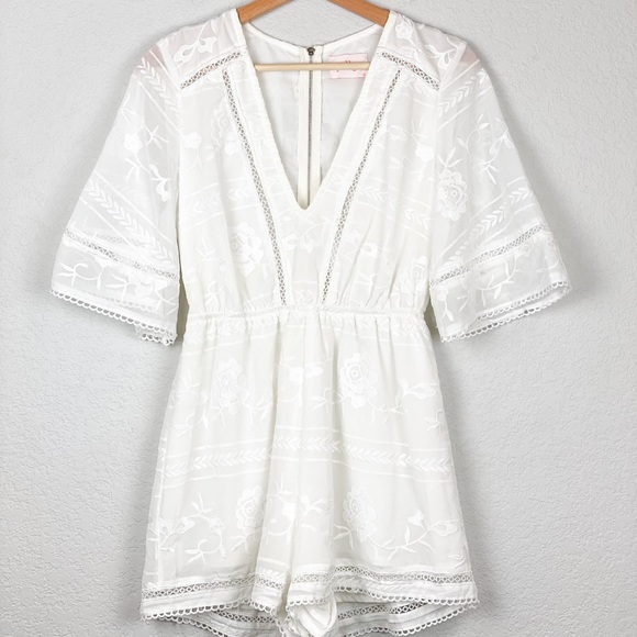 Polly Pants - Polly Floral Embroidered V-Neck Gathered Waist Romper